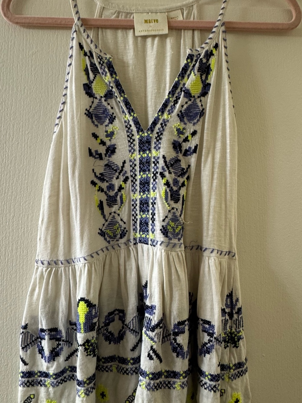 Anthropologie White Dress with Navy & Lime Embroidery